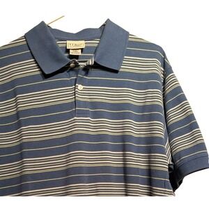 LL Bean Polo Shirt Mens Medium Blue Striped Short Sleeve 100%‎ Cotton Casual